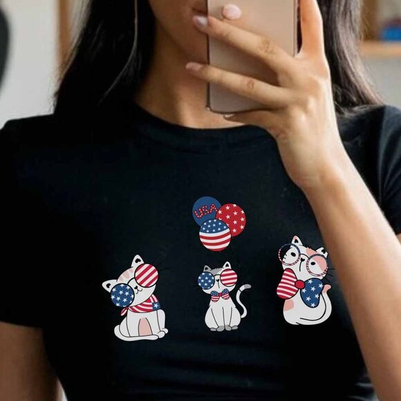 Happy 4th of July Cute Cats T-Shirt, Independence Day Gift Tee Shirt - Picture 1 of 5